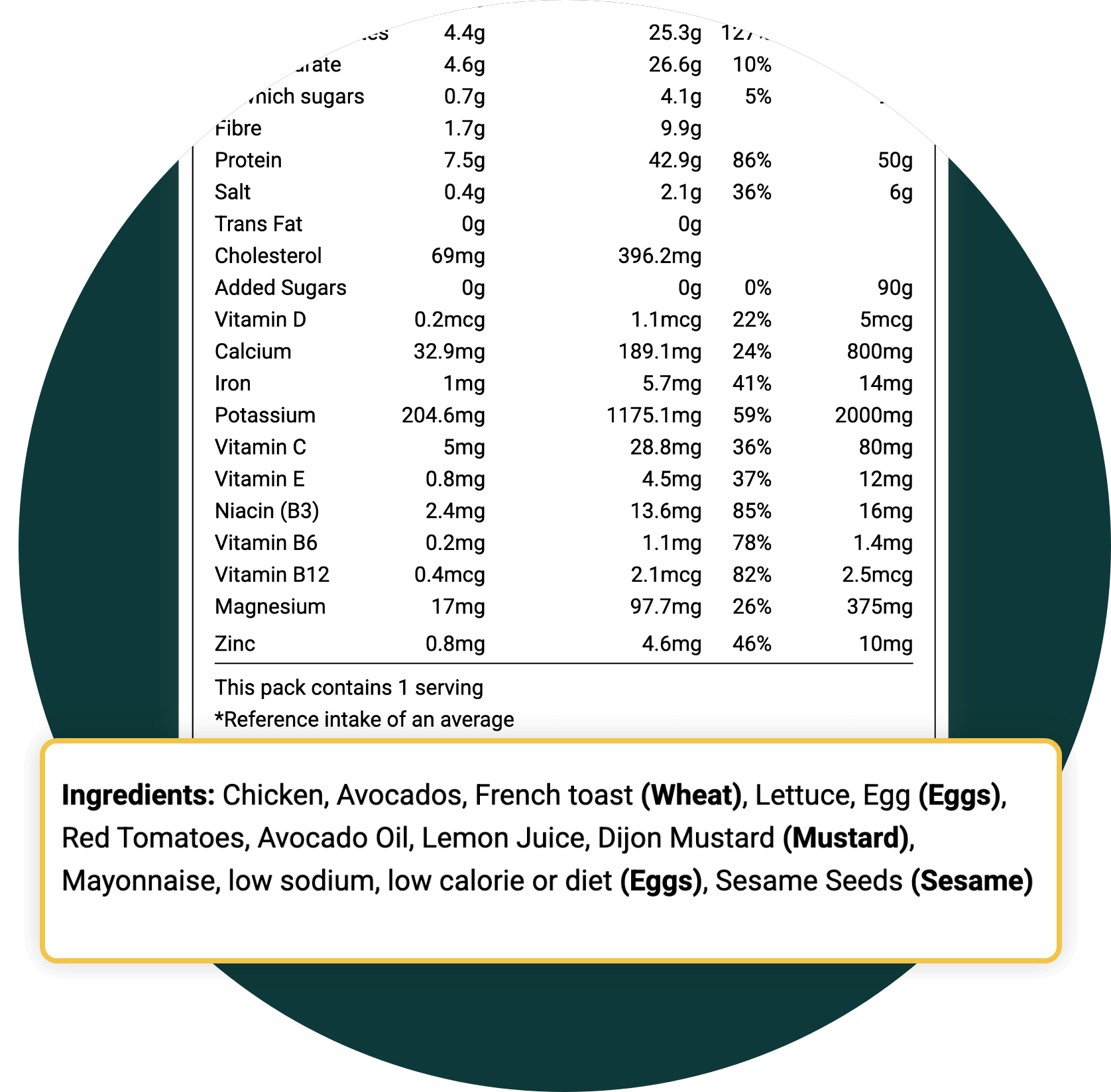 UK food label ingredient statement with allergens bolded - Wheat, Eggs, Mustard, Sesame - for EU FIC compliance