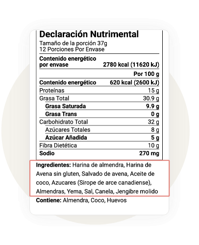 Mexican Declaracion Nutrimental with Spanish ingredient list and allergen declaration: Almendra, Coco, Huevos