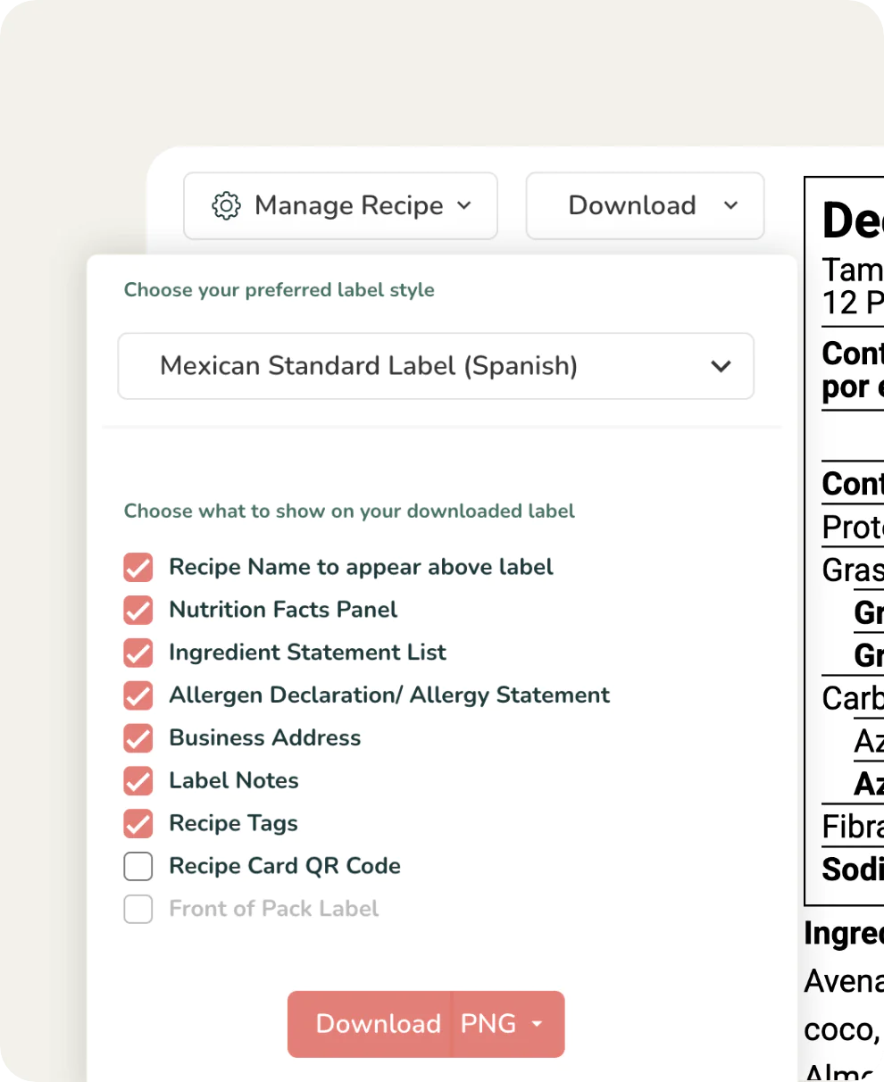 Food Label Maker download panel with Mexican Standard Label option and customizable content including allergen declarations