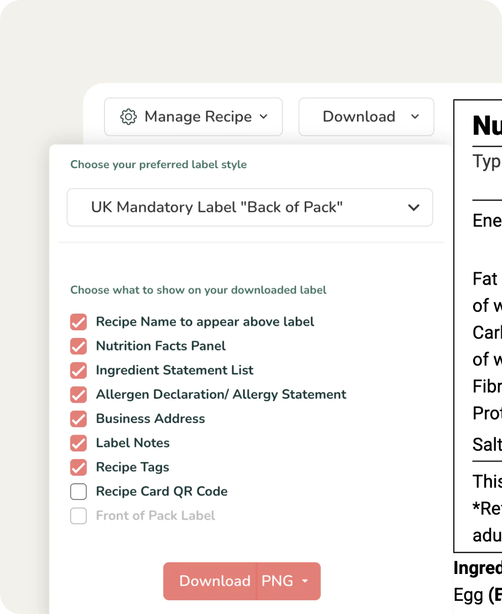 Food Label Maker label export interface with UK Mandatory Back of Pack label selected and content customization options