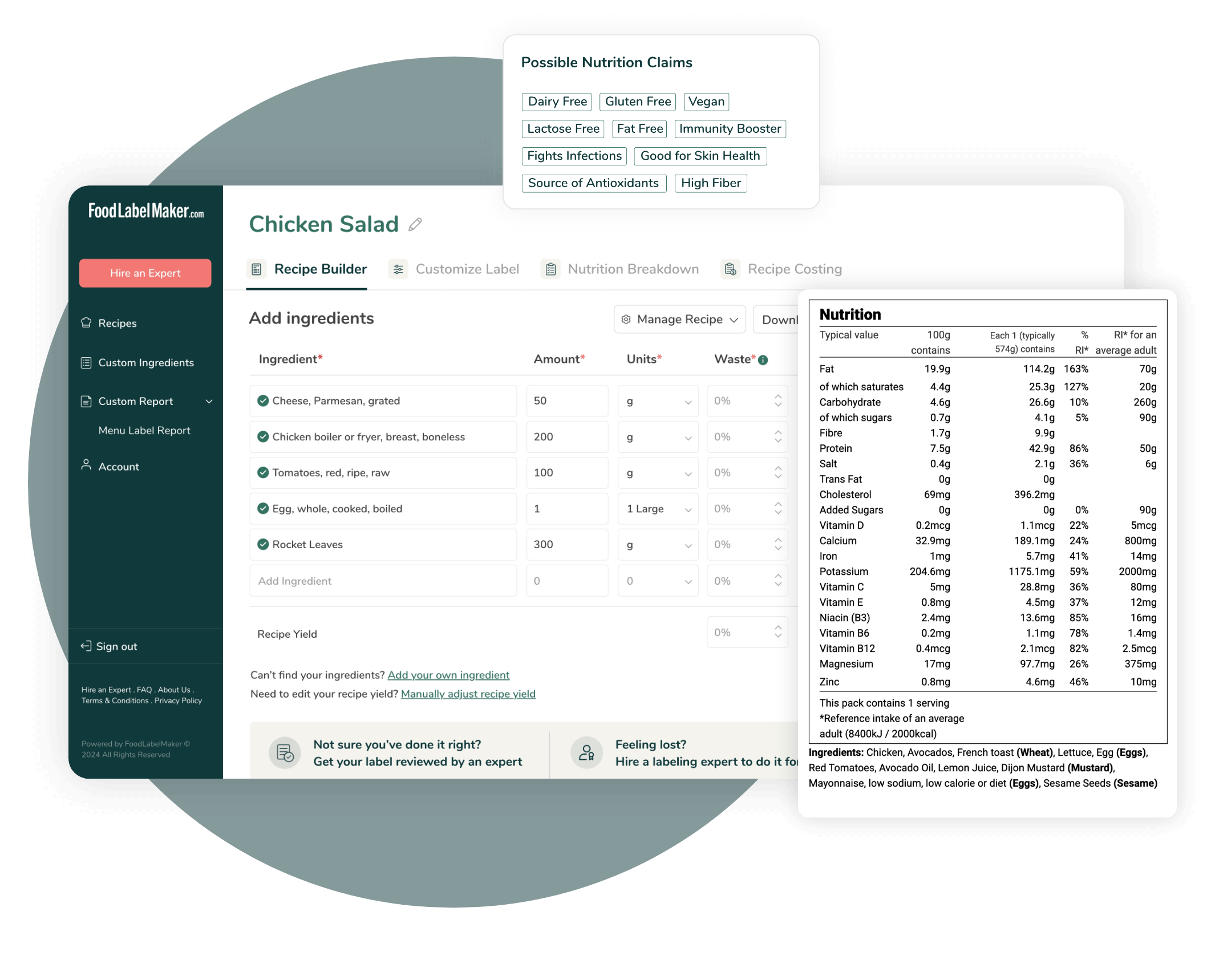 Food Label Maker recipe builder with Chicken Salad showing UK Nutrition Information table and auto-generated nutrition claims