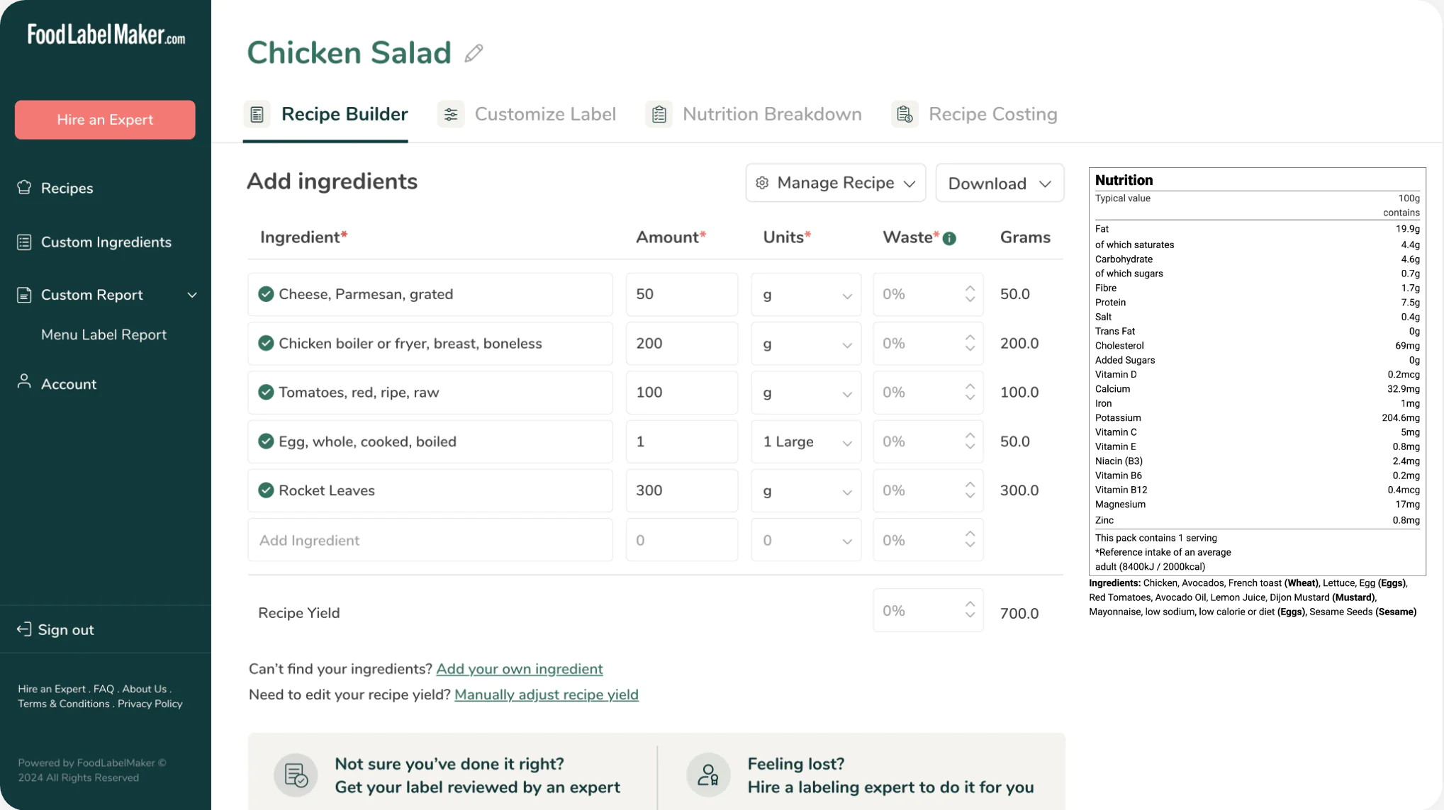 Food Label Maker recipe management dashboard with Chicken Salad ingredients and UK Nutrition Information table preview