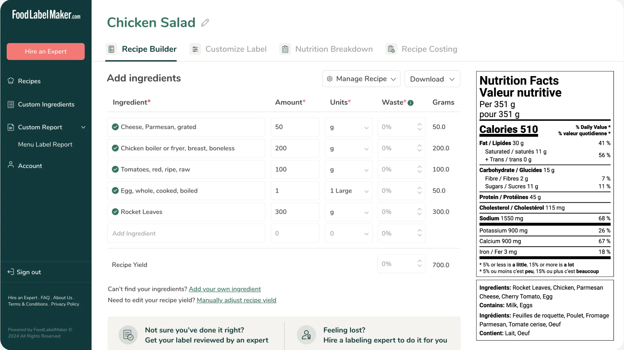 Food Label Maker recipe builder with Chicken Salad and Canadian bilingual Nutrition Facts / Valeur nutritive label preview