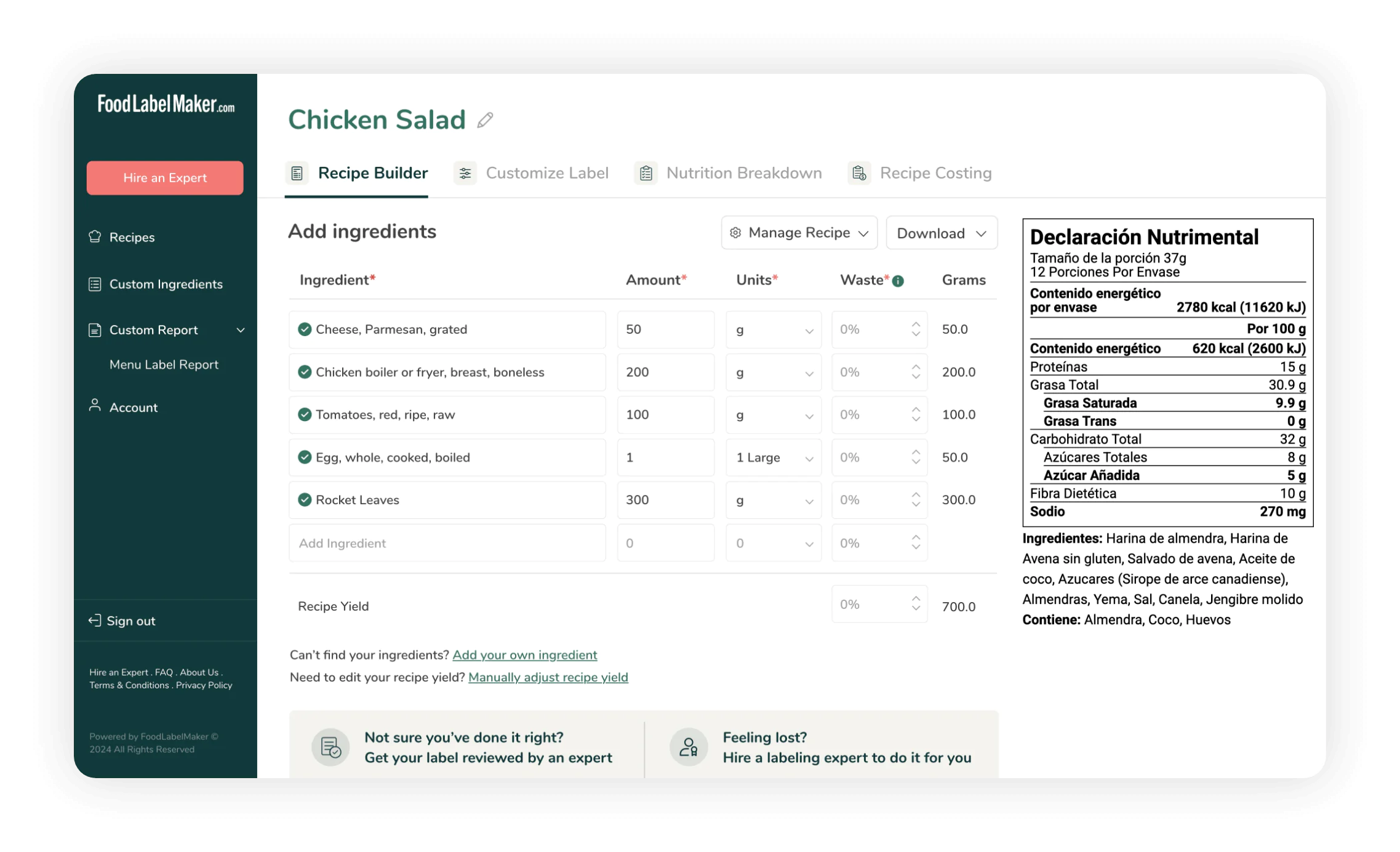 Food Label Maker recipe management interface with Chicken Salad builder and Mexican Declaracion Nutrimental label preview