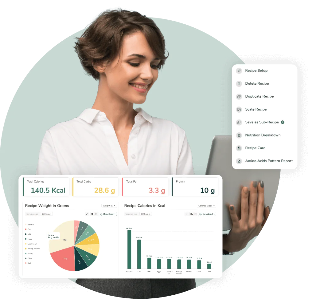 A professional woman reviewing nutritional breakdown reports and recipe customization tools on a digital platform.