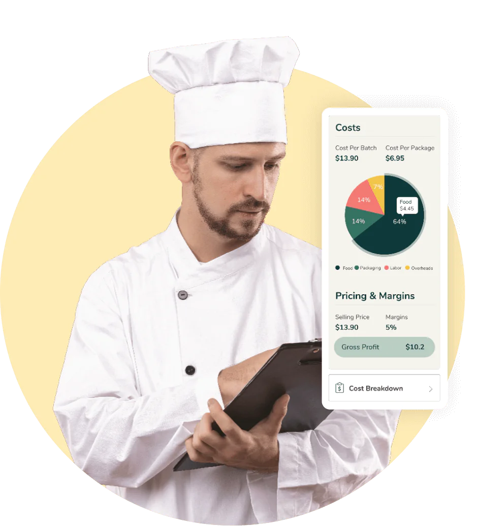 A chef reviewing a clipboard next to a digital costing interface showing profit margins and batch expenses.