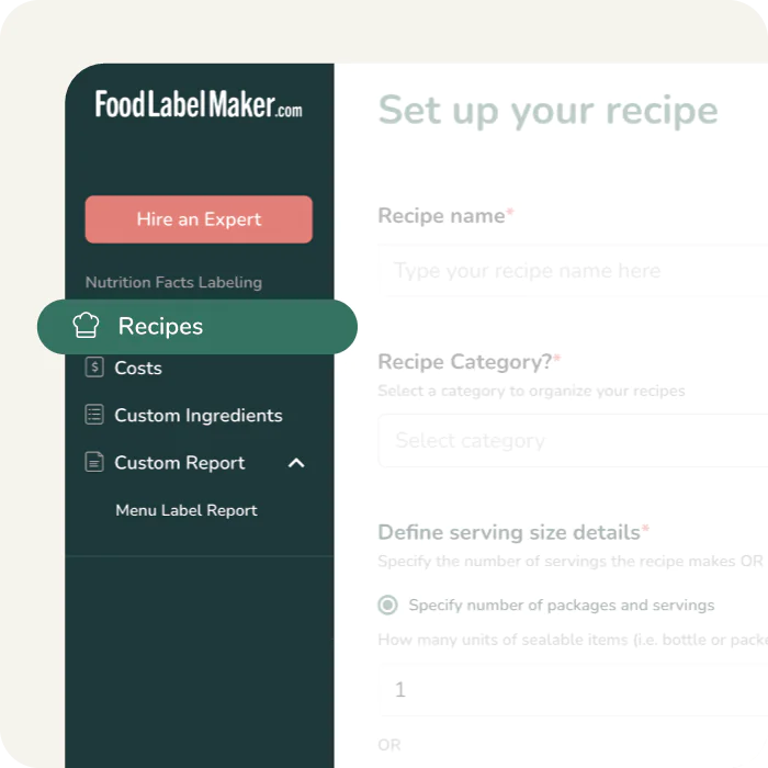 The sidebar navigation of Food Label Maker