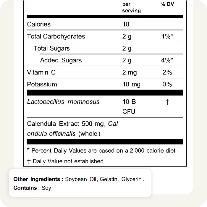 Supplement facts panel featuring an automated allergen declaration for soy based on ingredient specification data.