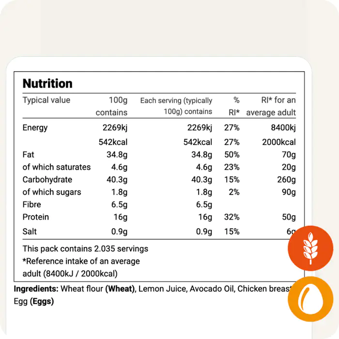 UK Nutrition Information table with auto-generated ingredient statement and wheat and egg allergen icons