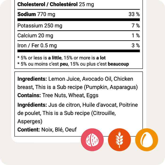 Canadian bilingual ingredient list with Contains allergen declaration and icons for tree nuts, wheat, and eggs