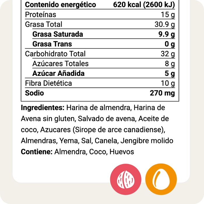 Mexican nutrition label ingredient list with Spanish Contiene allergen declaration and icons for almonds and eggs