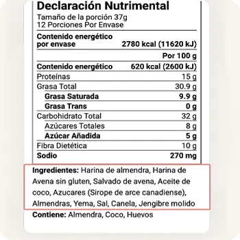 Mexican Declaracion Nutrimental label with ingredient list highlighted showing Spanish nutrient values and allergen statement