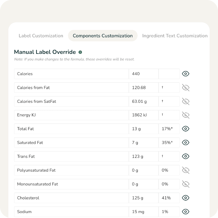 Software manual label override screen for editing nutrient components like calories and fat on a supplement facts panel.