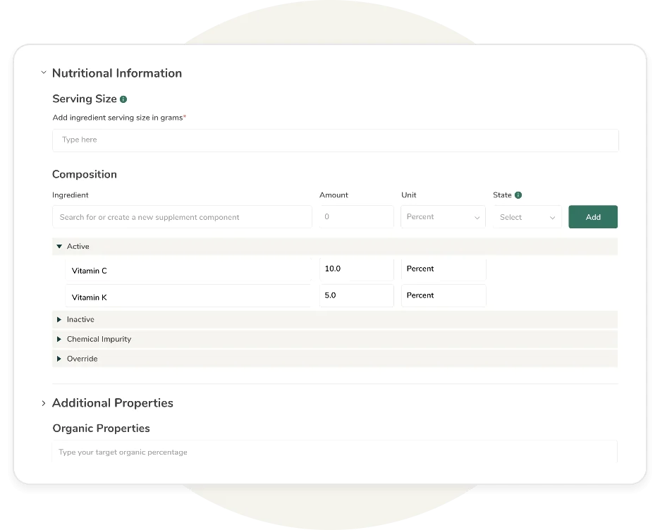 Input screen for adding serving size, dietary ingredients, and nutritional composition for supplement formula analysis.