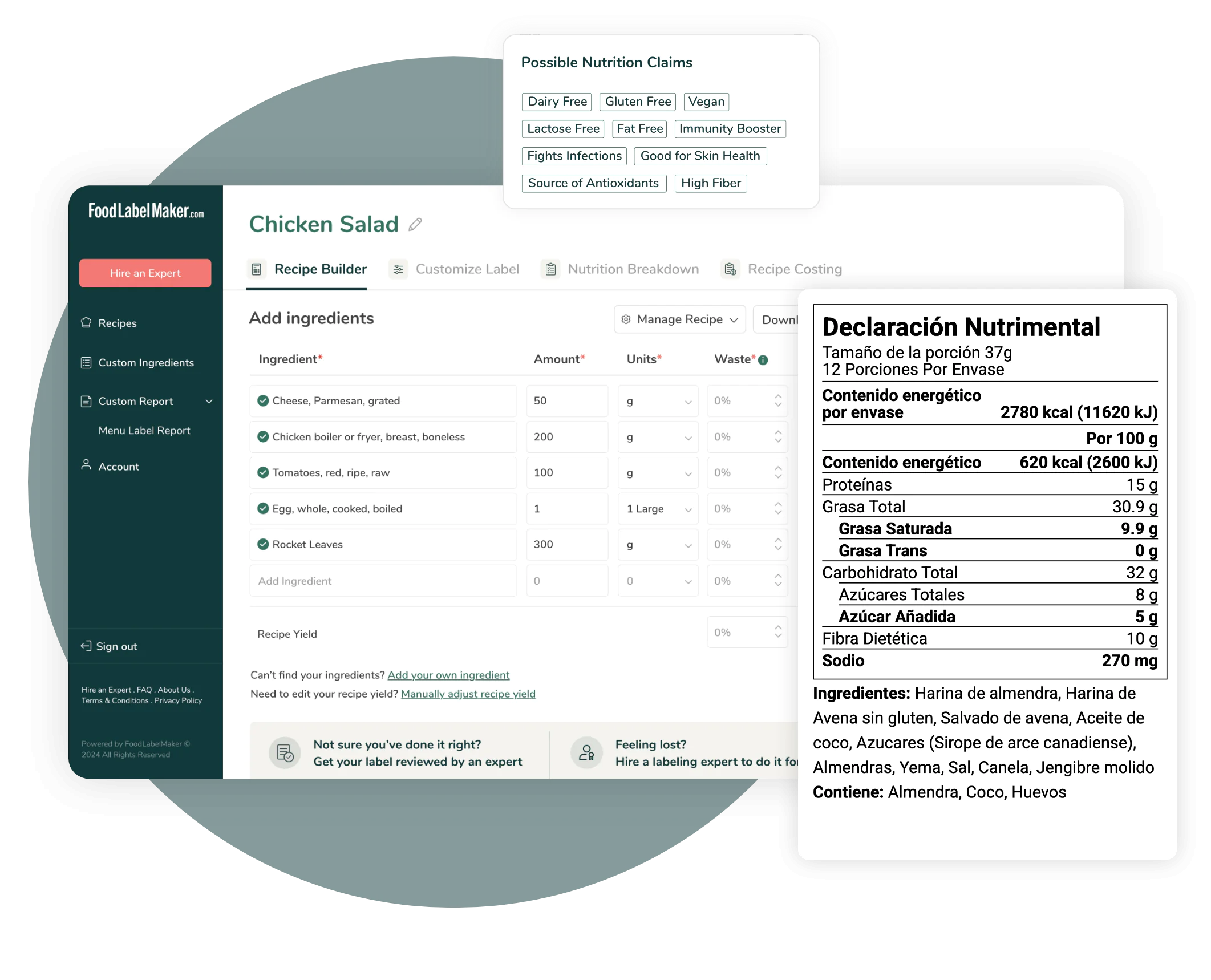 Food Label Maker recipe builder showing Chicken Salad with Mexican Declaracion Nutrimental and possible nutrition claims