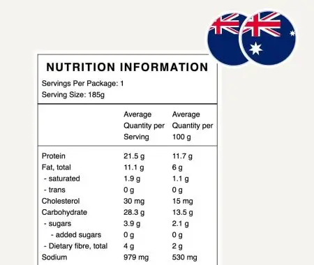 Australian and New Zealand nutrition information panel showing 185g serving size with 21.5g protein, 11.1g total fat, and 979mg sodium per serving