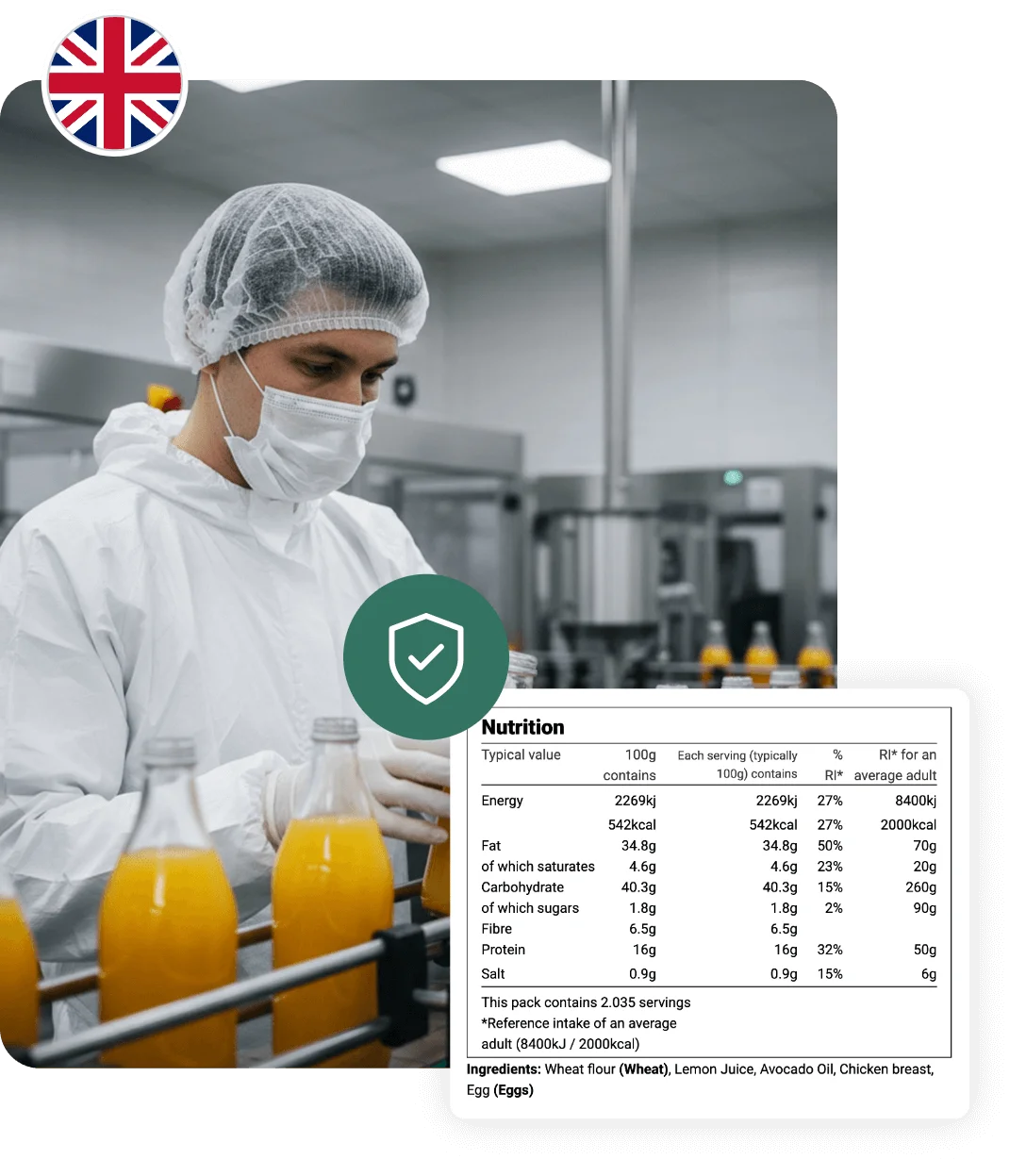Food industry worker in white protective gear and face mask handling juice bottles on production line, with UK flag icon, green security shield checkmark, and British nutrition label showing 2269kJ energy per 100g serving