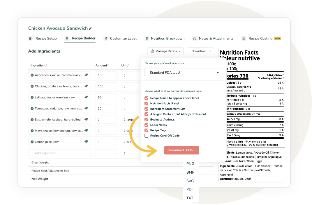 Recipe builder interface showing download options for customizable nutrition label in multiple formats (PNG, BMP, SVG, PDF, TXT) with Canadian bilingual format