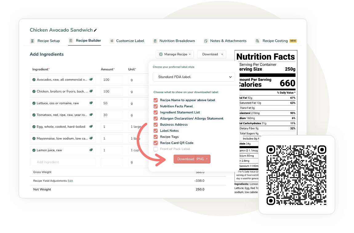 Recipe builder interface for Chicken Avocado Sandwich with customizable download options and preview of Mexican nutrition label (Declaración Nutrimental) with QR code showing 660 kcal per 588g serving