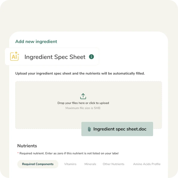 An AI-enabled ingredient spec sheet feature that automatically reads uploaded spec sheet documents to populate nutrient data.