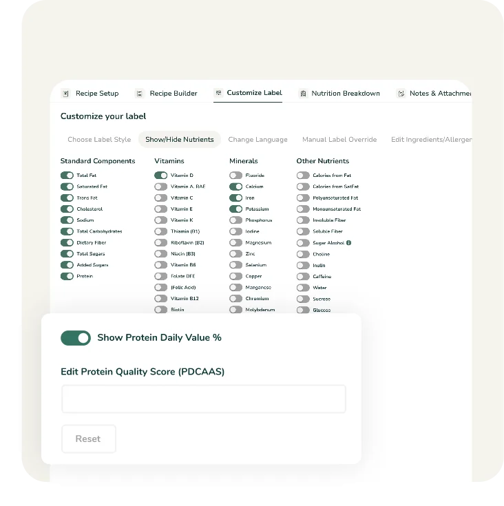 A nutrient customization dashboard allowing users to show or hide sugar alcohols and other nutrients on their FDA nutrition facts panel.