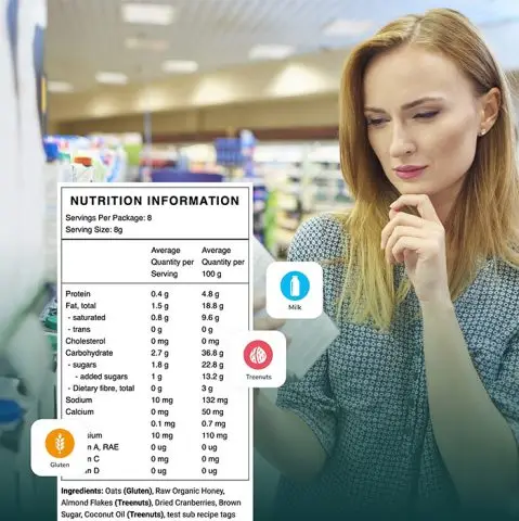 Food manufacturer reviewing a product label in a grocery store while a nutrition information panel and allergen indicators for milk, tree nuts, and gluten highlight ingredient and compliance analysis.